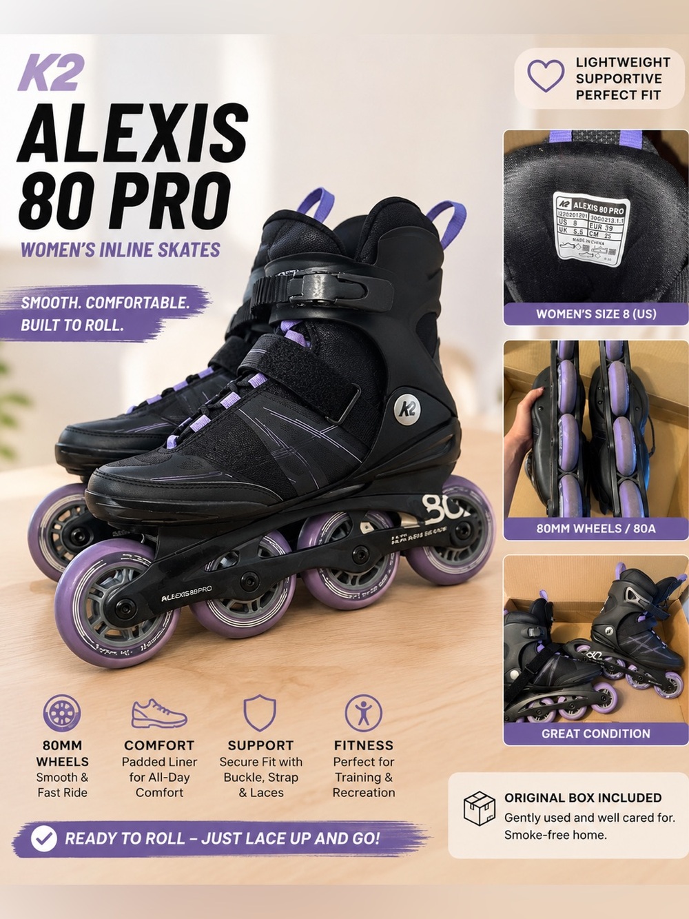 K2 Alexis 80 Pro Inline Skates - Black with Purple Accents